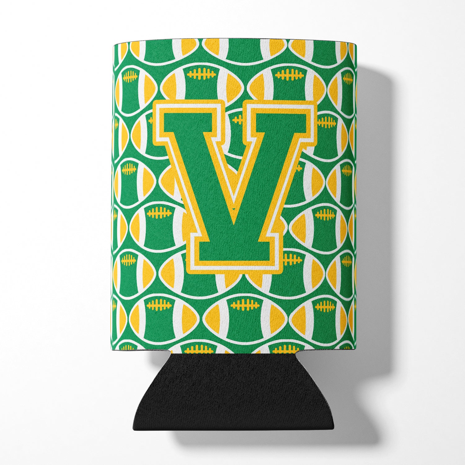Letter V Football Green and Gold Can or Bottle Hugger CJ1069-VCC.