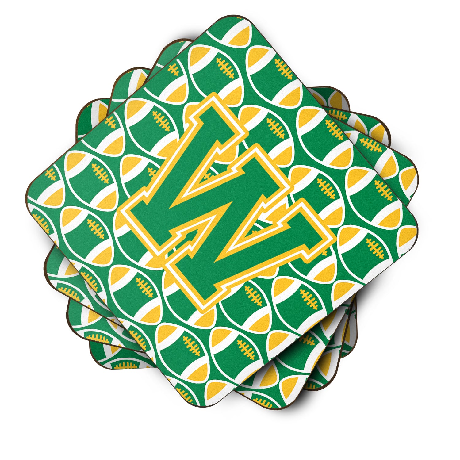 Letter W Football Green and Gold Foam Coaster Set of 4 CJ1069-WFC - the-store.com