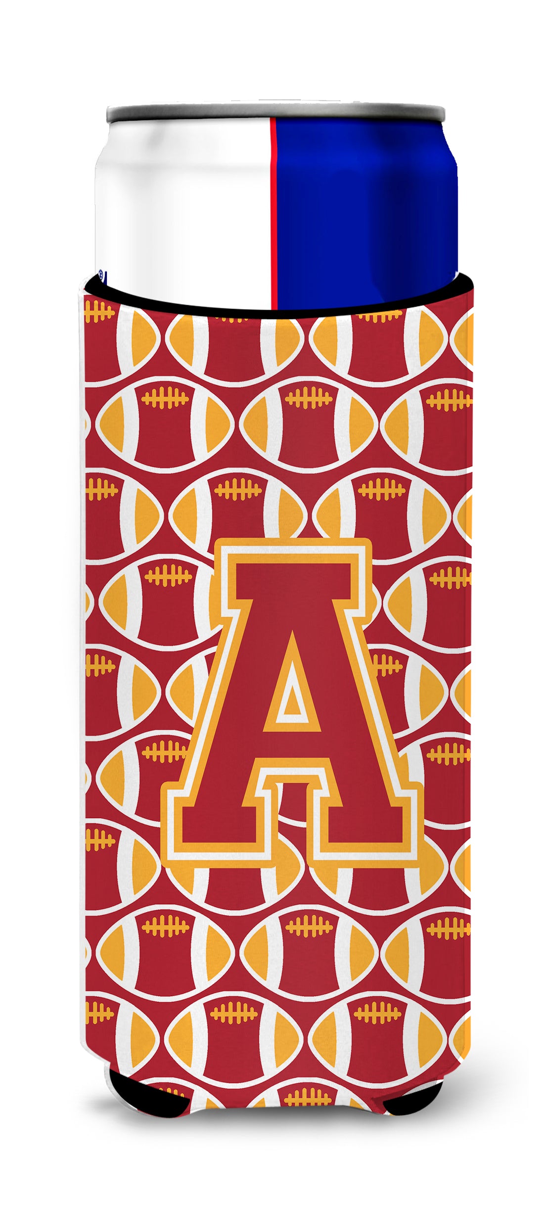 Letter A Football Cardinal and Gold Ultra Beverage Insulators for slim cans CJ1070-AMUK.