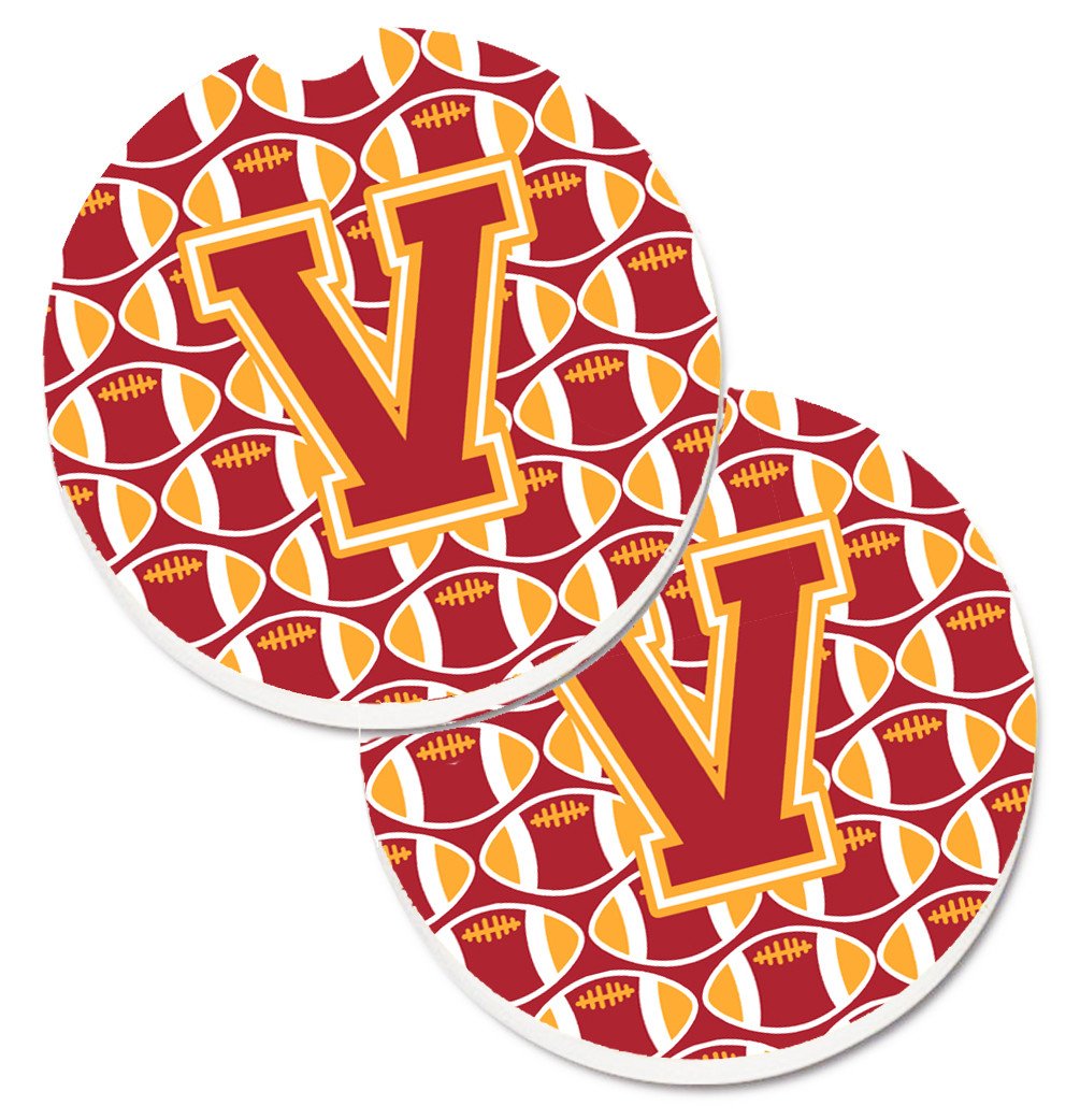 Letter V Football Cardinal and Gold Set of 2 Cup Holder Car Coasters CJ1070-VCARC by Caroline's Treasures