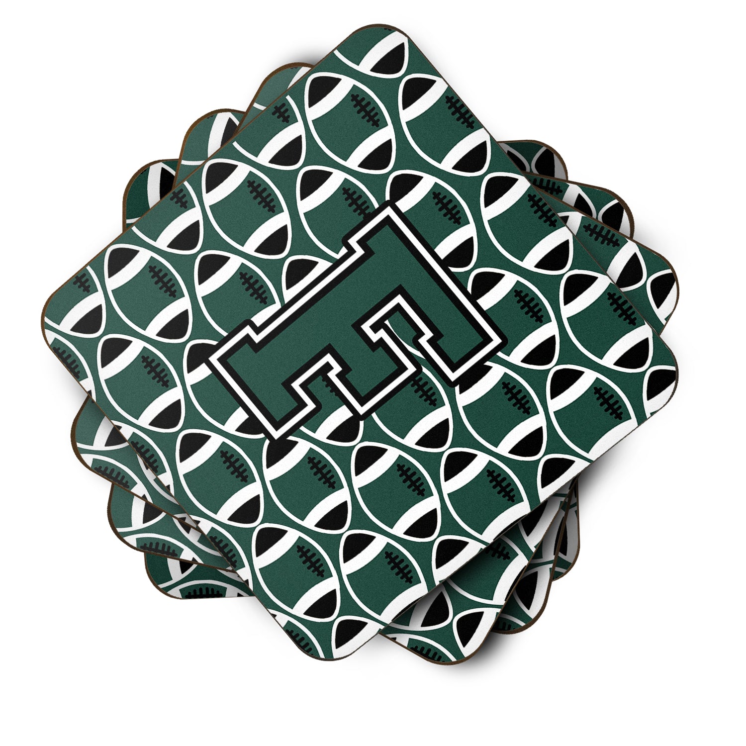 Letter F Football Green and White Foam Coaster Set of 4 CJ1071-FFC - the-store.com