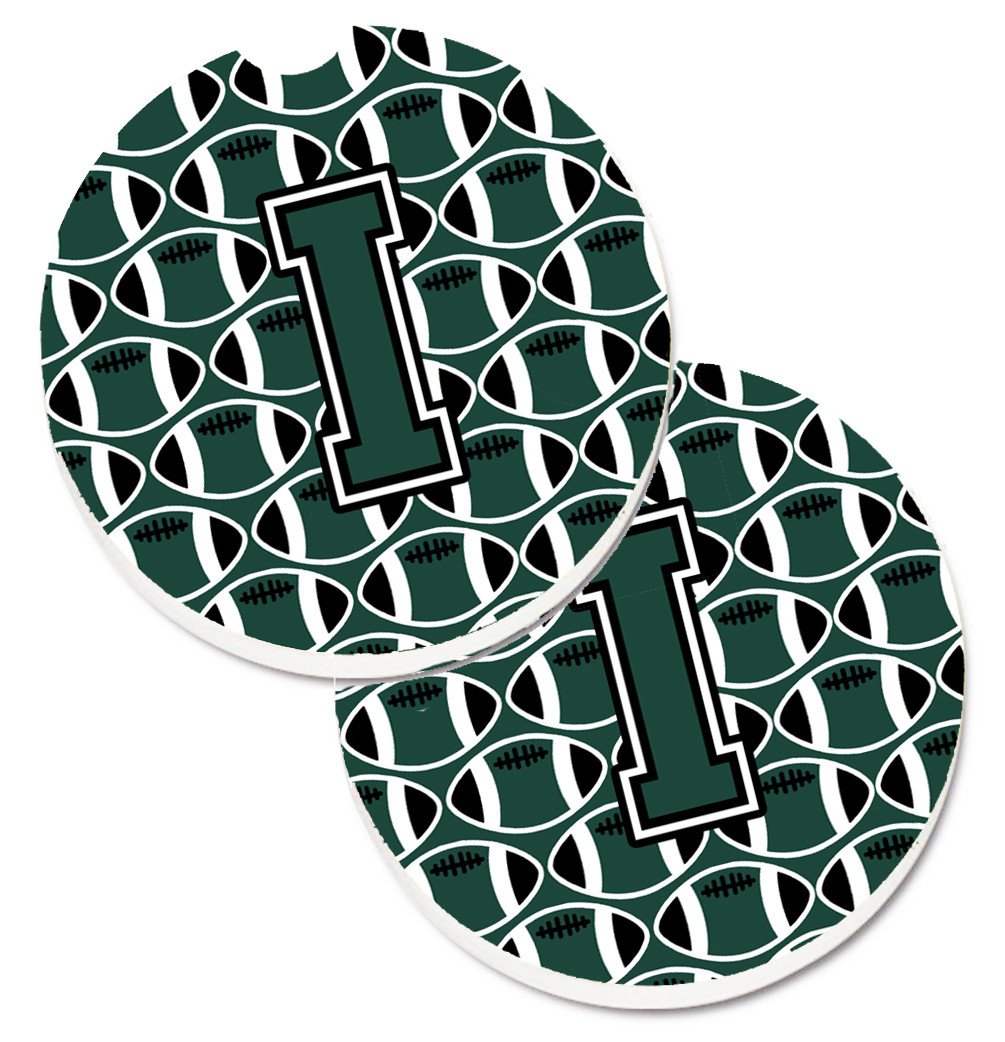 Letter I Football Green and White Set of 2 Cup Holder Car Coasters CJ1071-ICARC by Caroline's Treasures