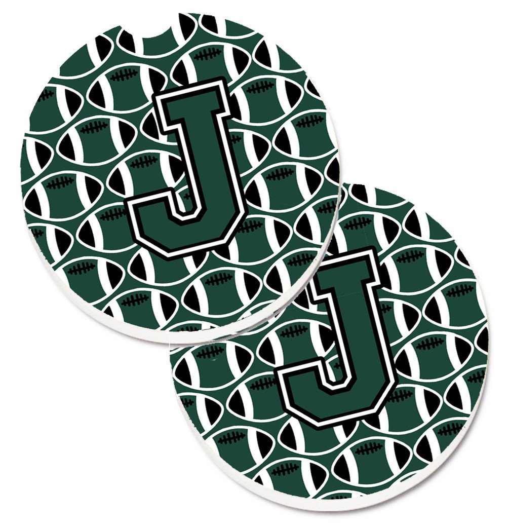 Letter J Football Green and White Set of 2 Cup Holder Car Coasters CJ1071-JCARC by Caroline's Treasures