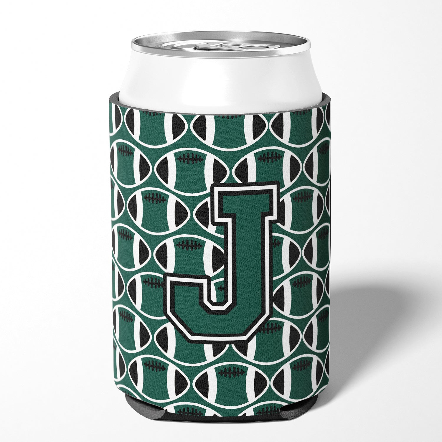 Letter J Football Green and White Can or Bottle Hugger CJ1071-JCC.