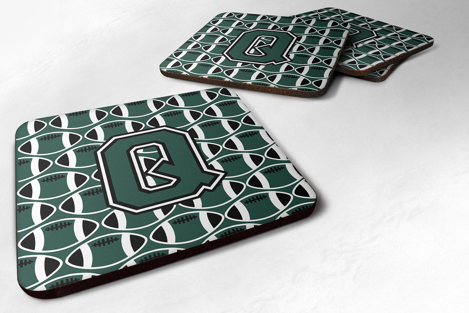 Letter Q Football Green and White Foam Coaster Set of 4 CJ1071-QFC - the-store.com
