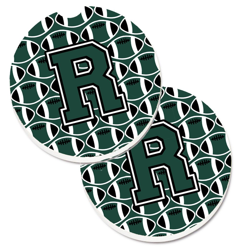 Letter R Football Green and White Set of 2 Cup Holder Car Coasters CJ1071-RCARC by Caroline's Treasures