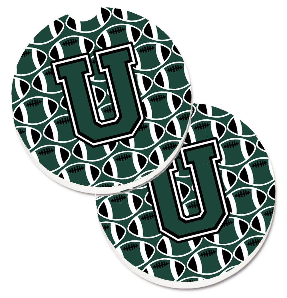 Letter U Football Green and White Set of 2 Cup Holder Car Coasters CJ1071-UCARC by Caroline's Treasures