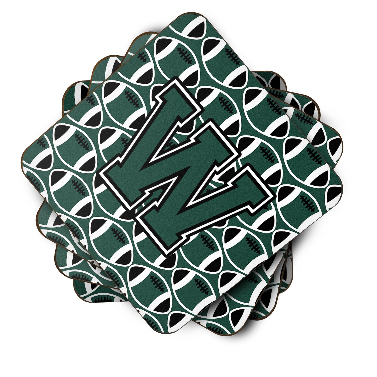 Letter W Football Green and White Foam Coaster Set of 4 CJ1071-WFC - the-store.com