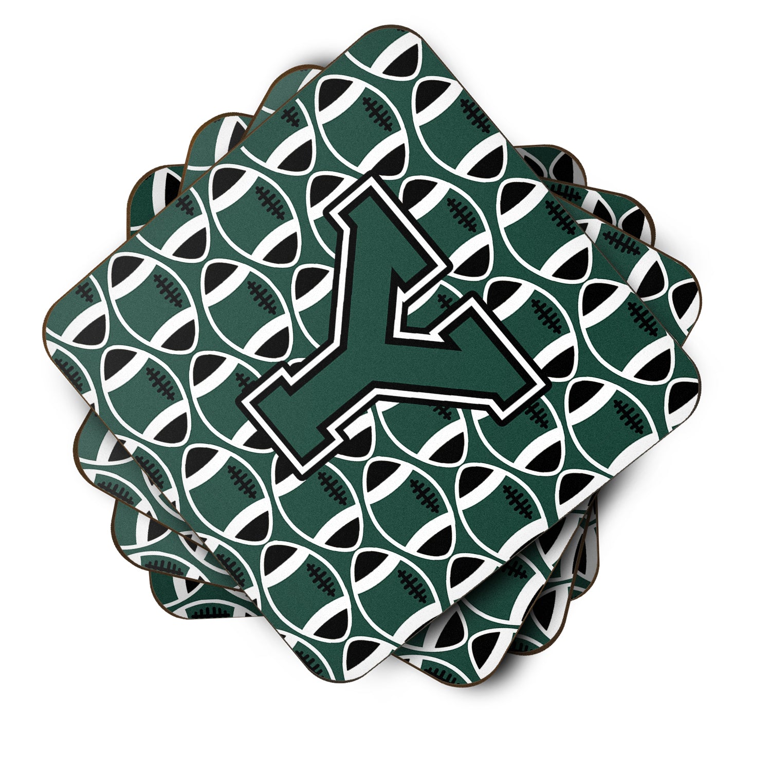 Letter Y Football Green and White Foam Coaster Set of 4 CJ1071-YFC - the-store.com