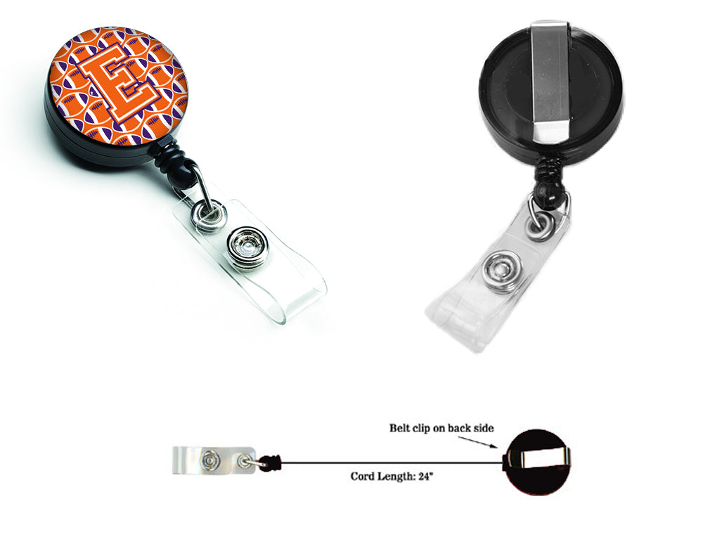 Letter E Football Orange, White and Regalia Retractable Badge Reel CJ1072-EBR.