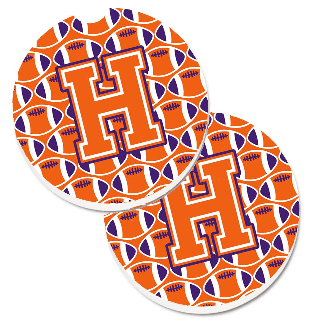 Letter H Football Orange, White and Regalia Set of 2 Cup Holder Car Coasters CJ1072-HCARC by Caroline's Treasures