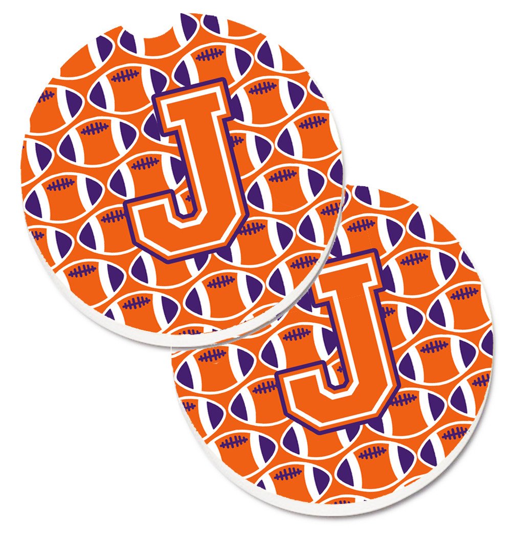 Letter J Football Orange, White and Regalia Set of 2 Cup Holder Car Coasters CJ1072-JCARC by Caroline's Treasures