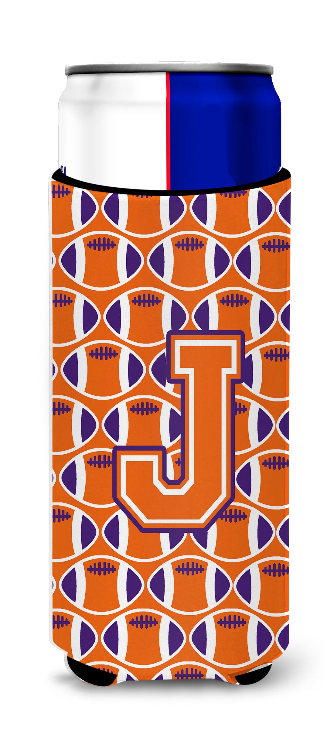 Letter J Football Orange, White and Regalia Ultra Beverage Insulators for slim cans CJ1072-JMUK.