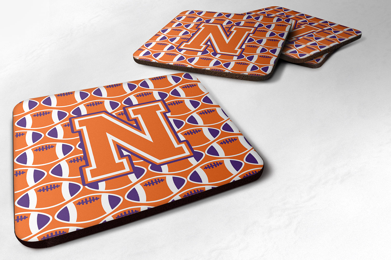 Letter N Football Orange, White and Regalia Foam Coaster Set of 4 CJ1072-NFC - the-store.com