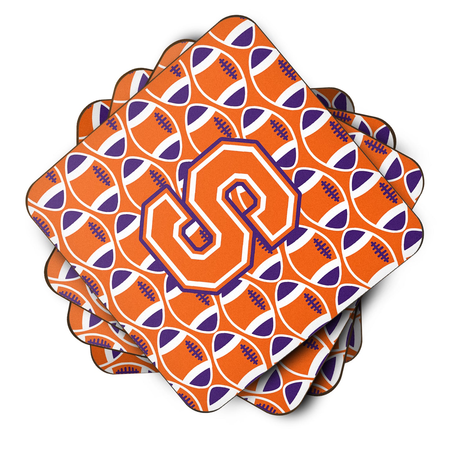 Letter S Football Orange, White and Regalia Foam Coaster Set of 4 CJ1072-SFC - the-store.com