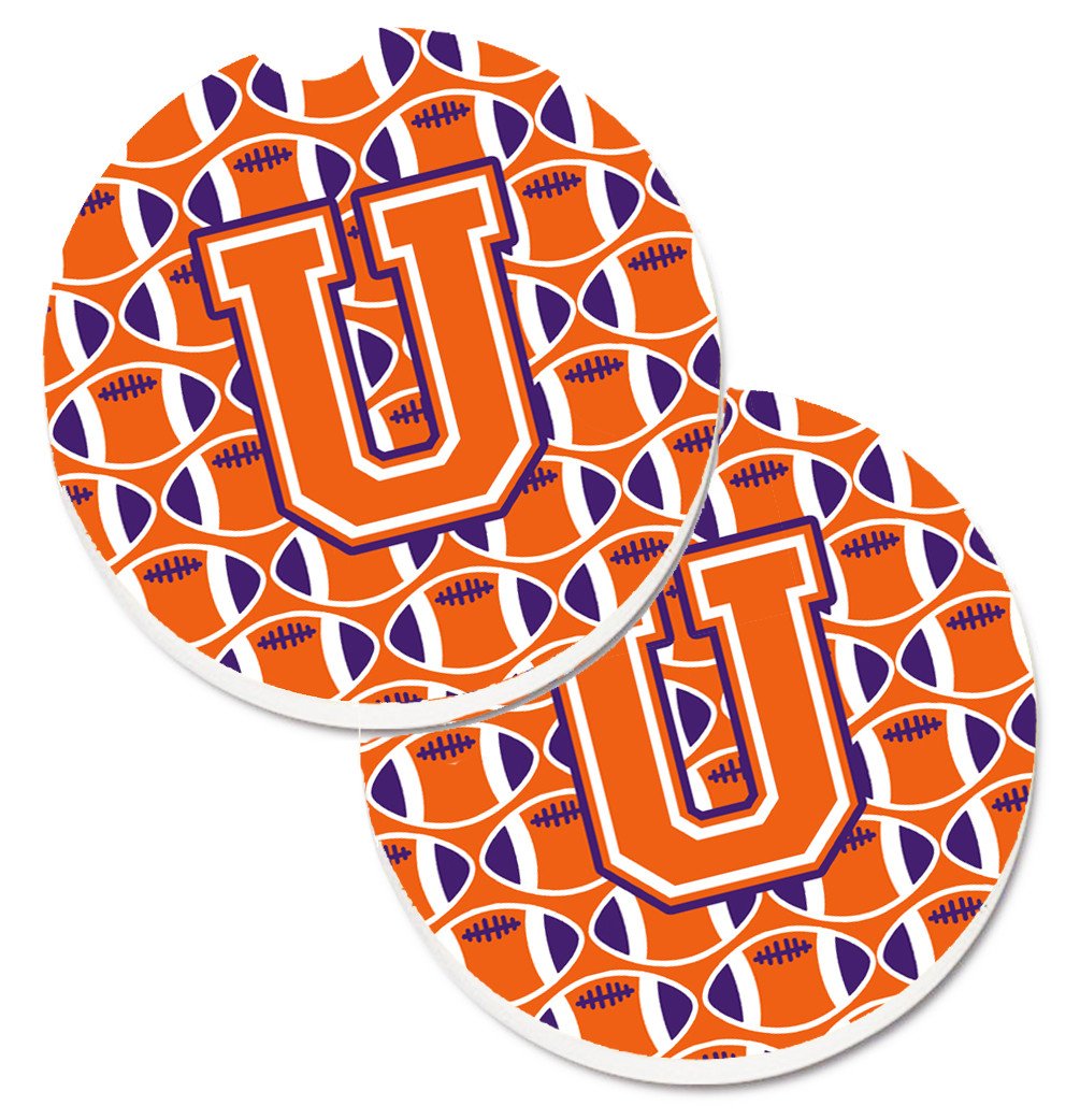 Letter U Football Orange, White and Regalia Set of 2 Cup Holder Car Coasters CJ1072-UCARC by Caroline's Treasures