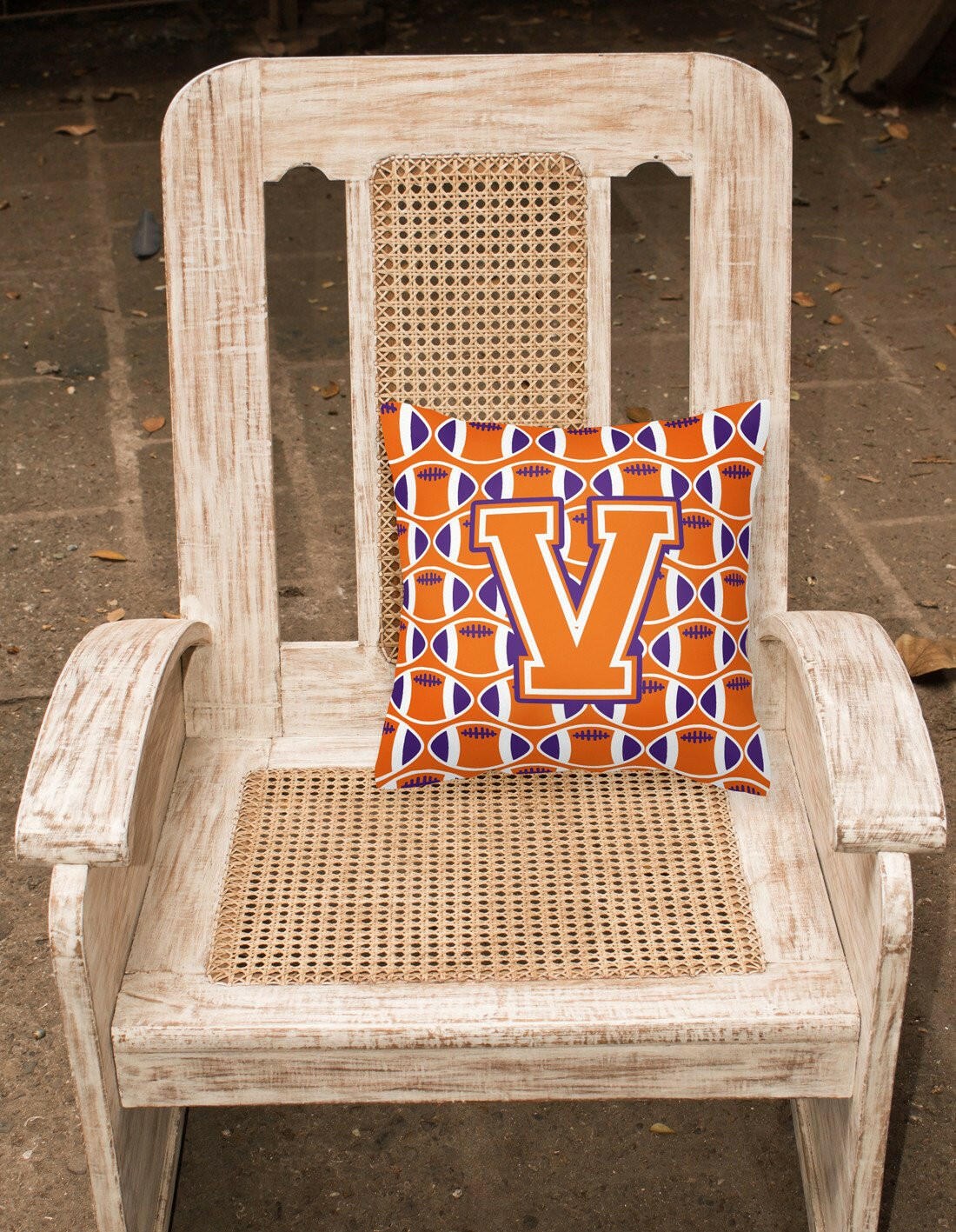 Letter V Football Orange, White and Regalia Fabric Decorative Pillow CJ1072-VPW1414 by Caroline's Treasures