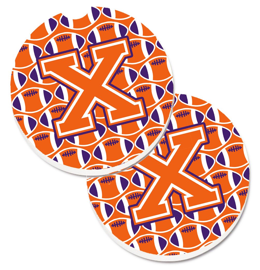 Letter X Football Orange, White and Regalia Set of 2 Cup Holder Car Coasters CJ1072-XCARC by Caroline's Treasures