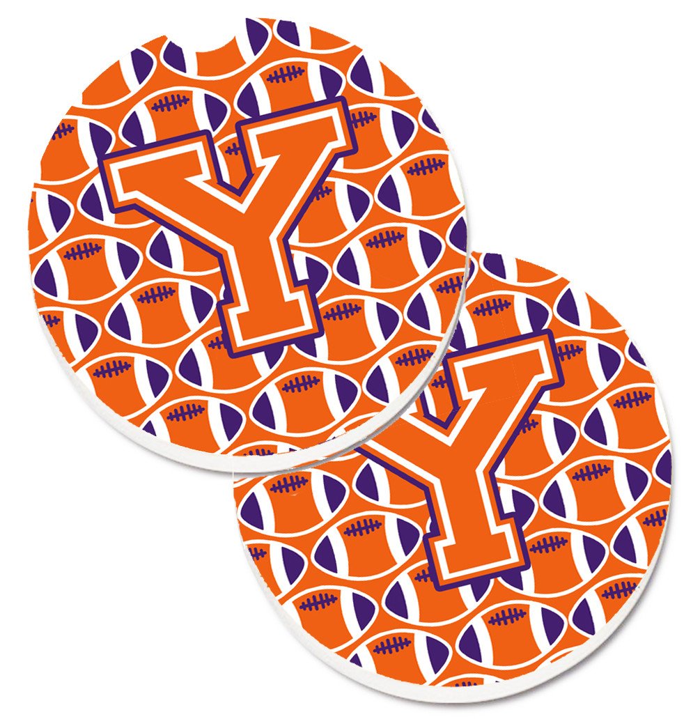 Letter Y Football Orange, White and Regalia Set of 2 Cup Holder Car Coasters CJ1072-YCARC by Caroline's Treasures