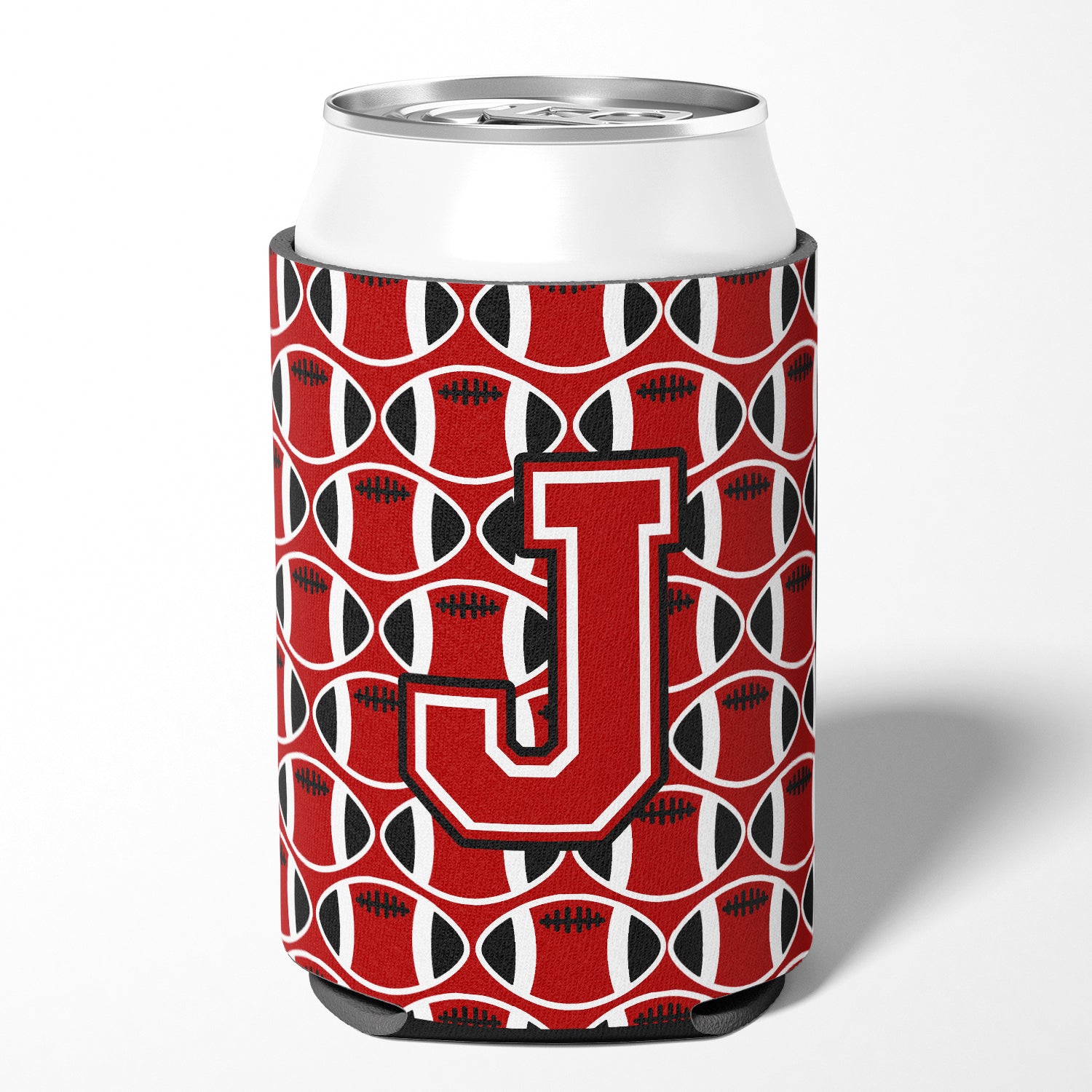 Letter J Football Red, Black and White Can or Bottle Hugger CJ1073-JCC.