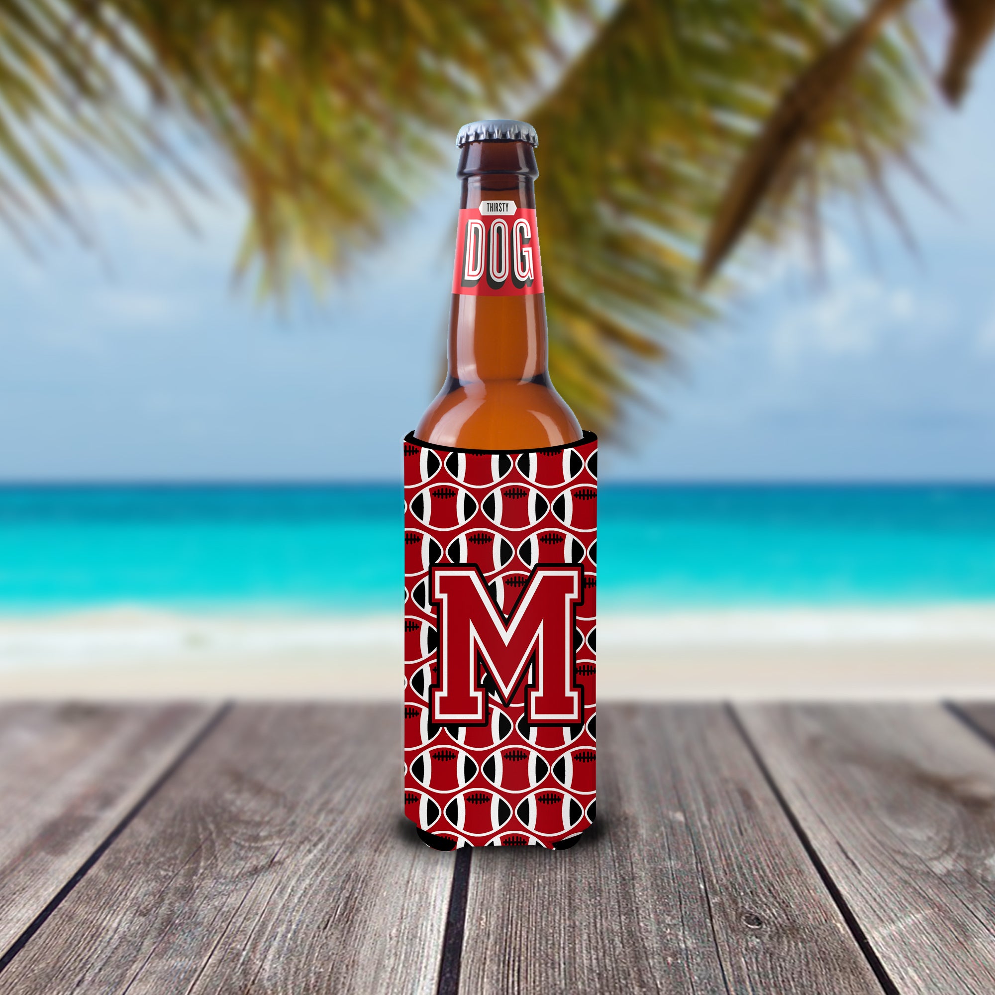 Letter M Football Red, Black and White Ultra Beverage Insulators for slim cans CJ1073-MMUK.