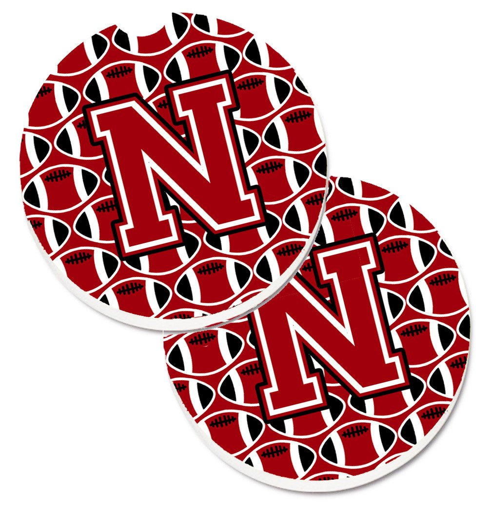 Letter N Football Red, Black and White Set of 2 Cup Holder Car Coasters CJ1073-NCARC by Caroline&#39;s Treasures