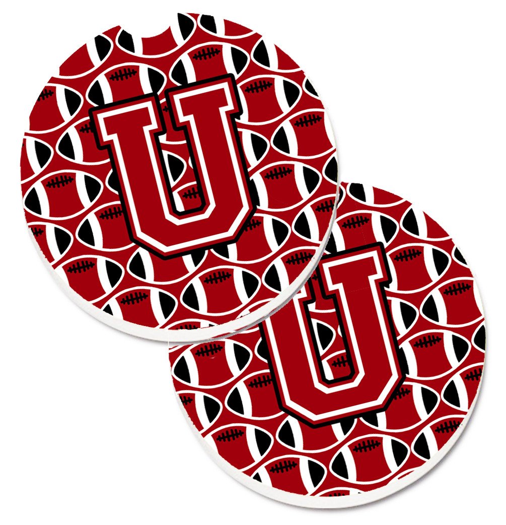 Letter U Football Red, Black and White Set of 2 Cup Holder Car Coasters CJ1073-UCARC by Caroline's Treasures