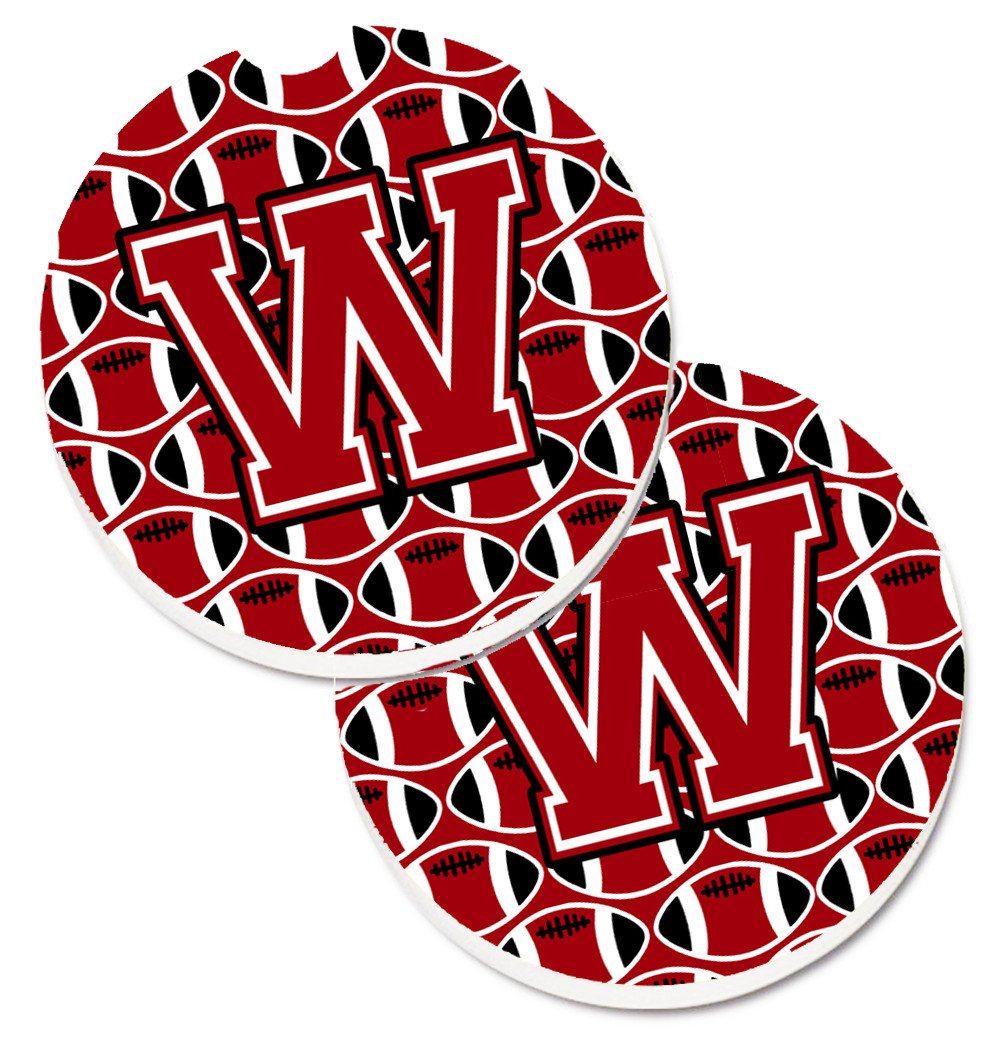 Letter W Football Red, Black and White Set of 2 Cup Holder Car Coasters CJ1073-WCARC by Caroline&#39;s Treasures