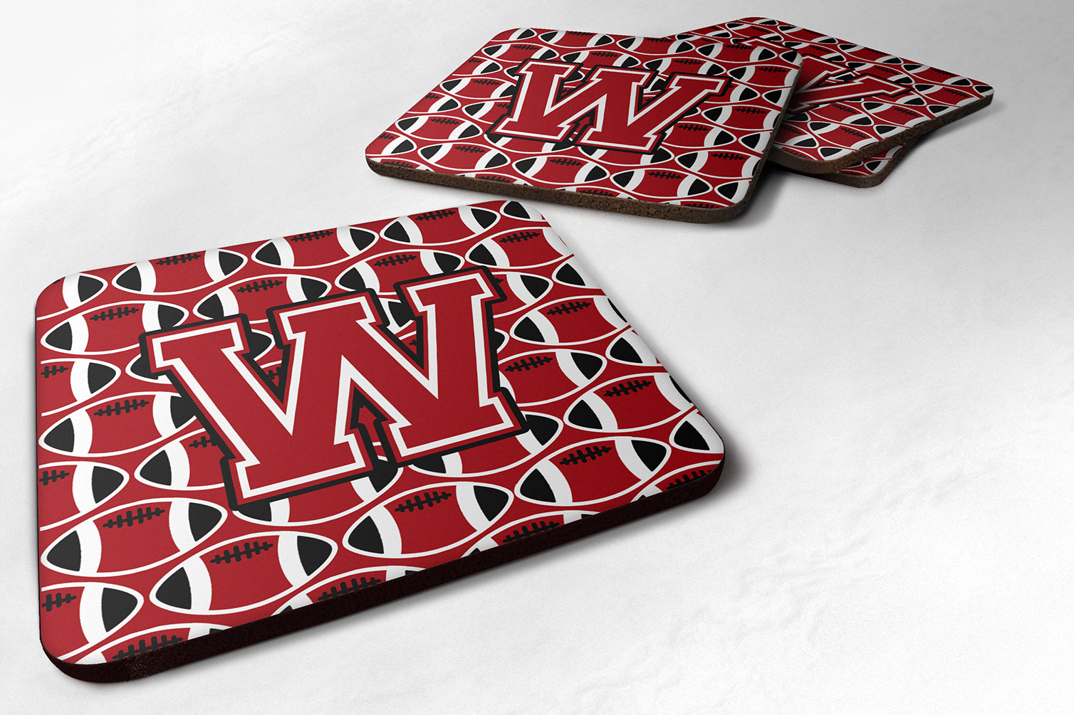 Letter W Football Red, Black and White Foam Coaster Set of 4 CJ1073-WFC - the-store.com