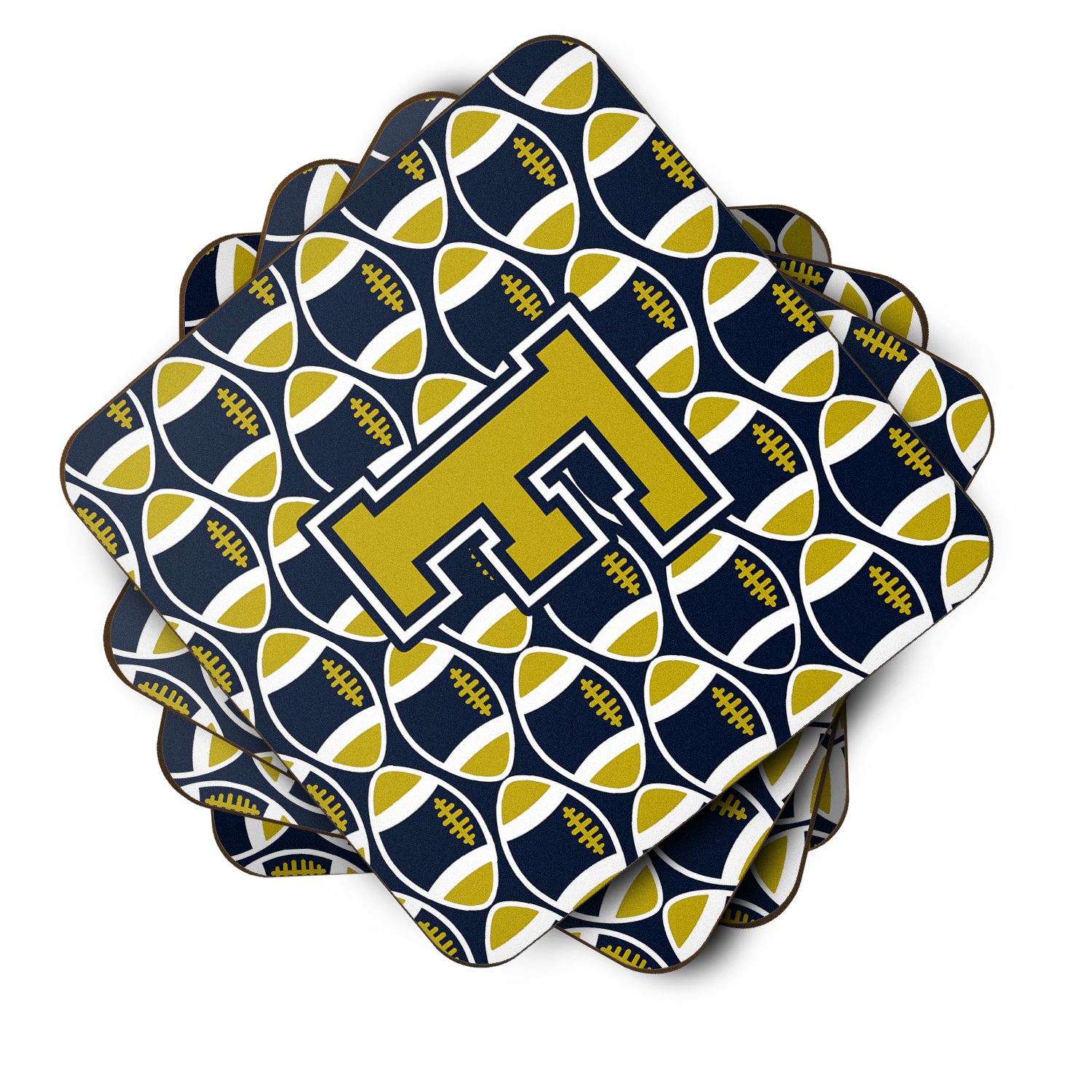 Letter F Football Blue and Gold Foam Coaster Set of 4 CJ1074-FFC - the-store.com