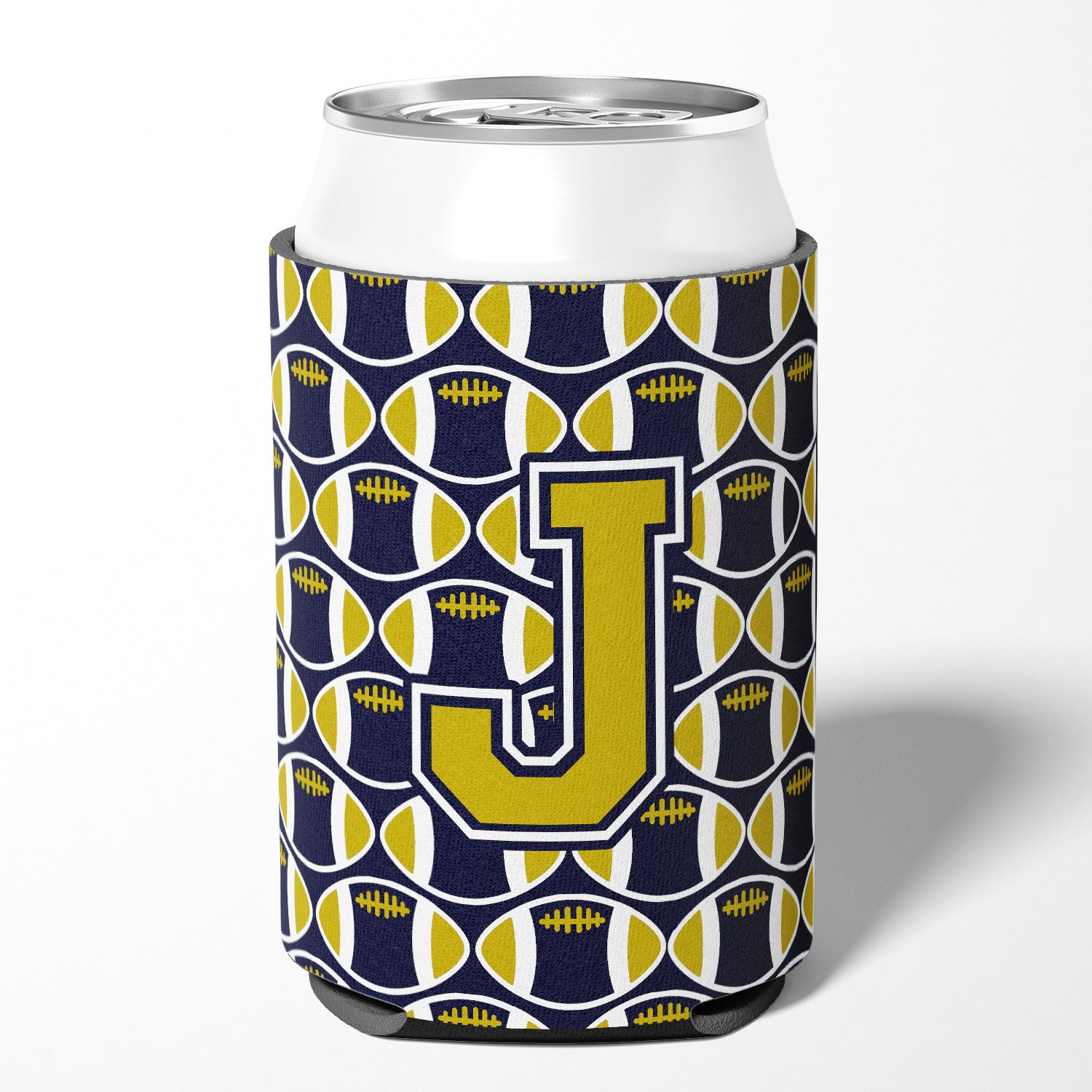 Letter J Football Blue and Gold Can or Bottle Hugger CJ1074-JCC.