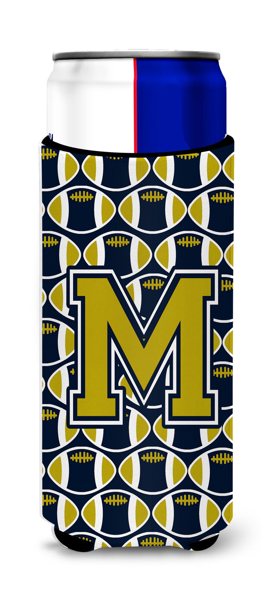 Letter M Football Blue and Gold Ultra Beverage Insulators for slim cans CJ1074-MMUK