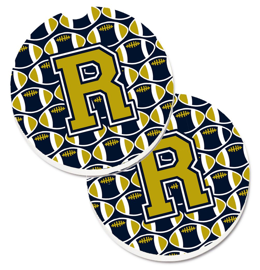 Letter R Football Blue and Gold Set of 2 Cup Holder Car Coasters CJ1074-RCARC by Caroline's Treasures