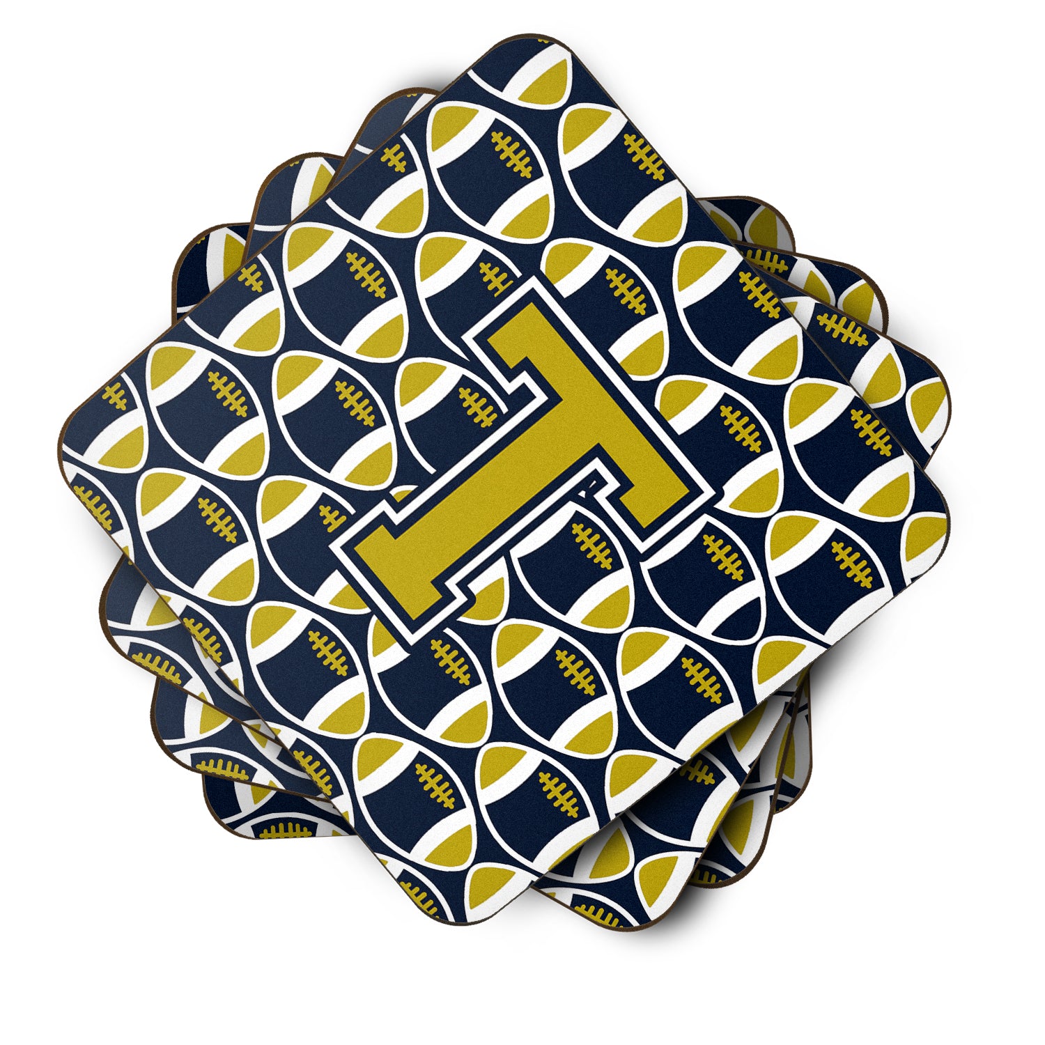 Letter T Football Blue and Gold Foam Coaster Set of 4 CJ1074-TFC - the-store.com