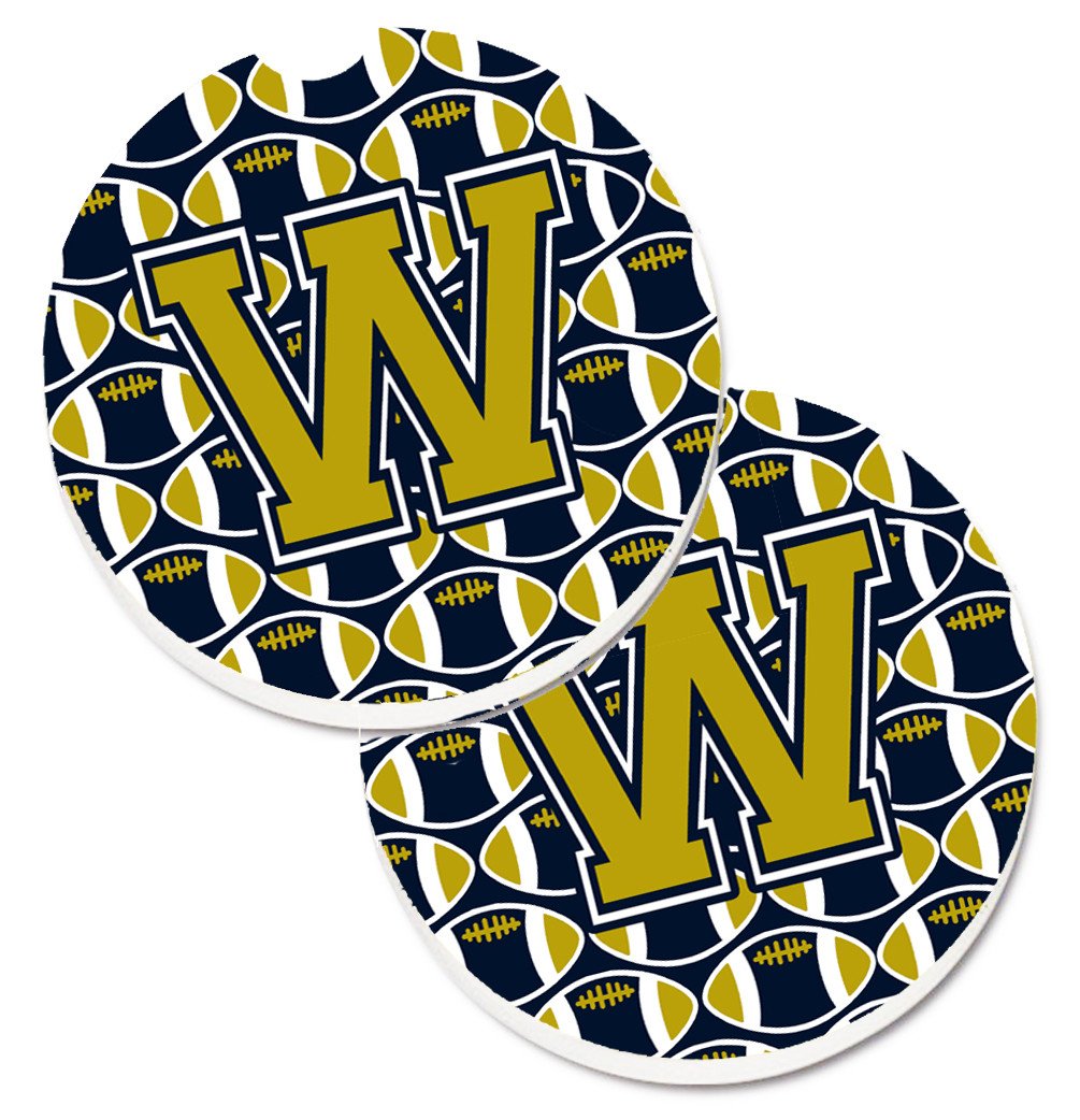 Letter W Football Blue and Gold Set of 2 Cup Holder Car Coasters CJ1074-WCARC by Caroline&#39;s Treasures