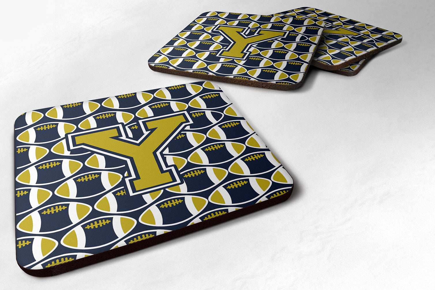 Letter Y Football Blue and Gold Foam Coaster Set of 4 CJ1074-YFC - the-store.com