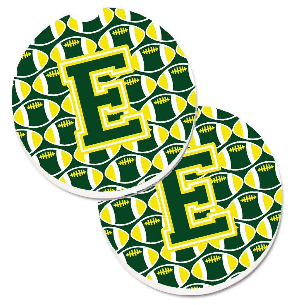 Letter E Football Green and Yellow Set of 2 Cup Holder Car Coasters CJ1075-ECARC by Caroline's Treasures