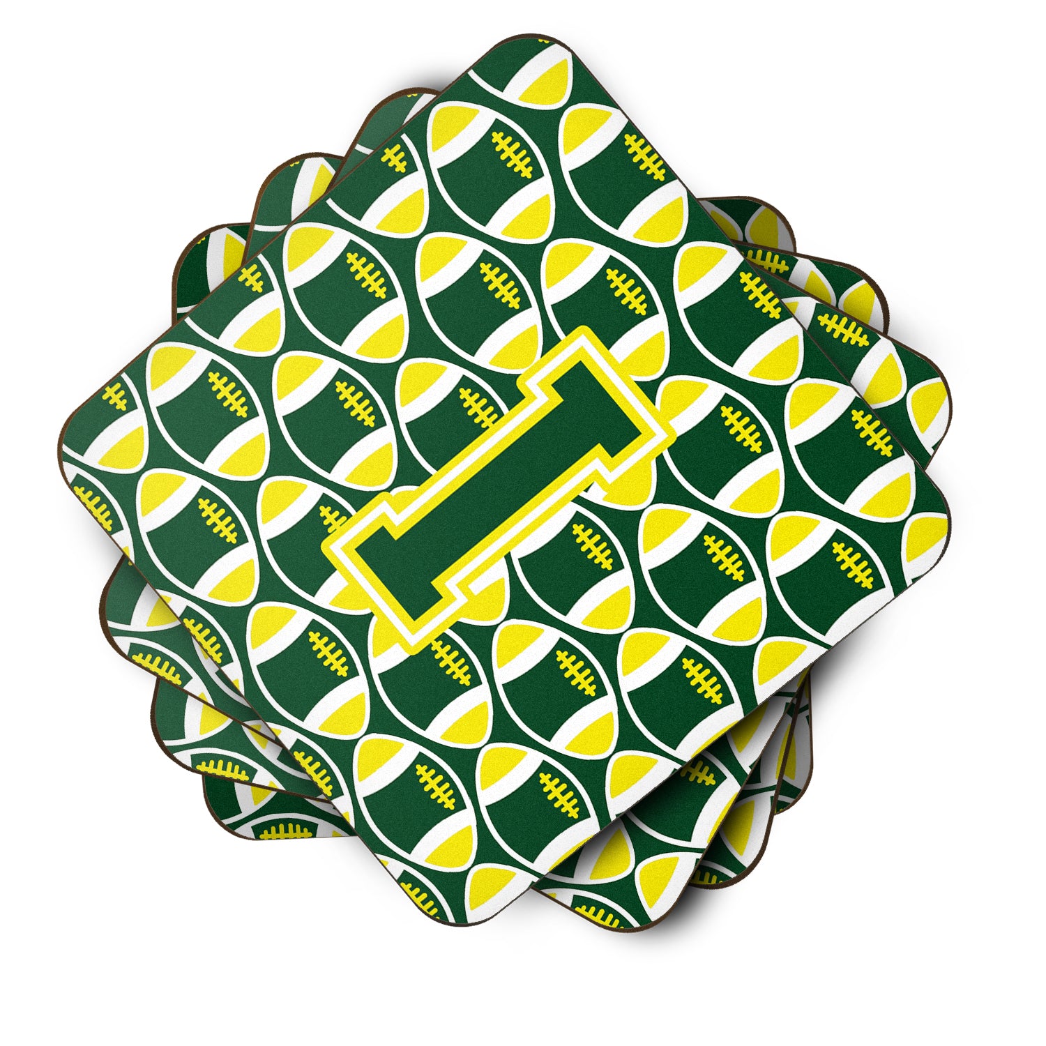 Letter I Football Green and Yellow Foam Coaster Set of 4 CJ1075-IFC - the-store.com