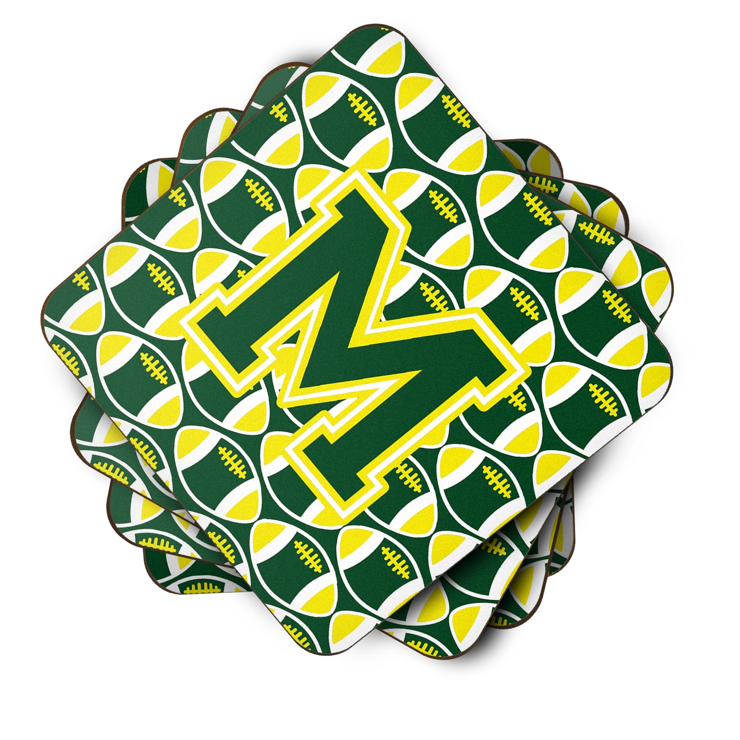 Letter M Football Green and Yellow Foam Coaster Set of 4 CJ1075-MFC - the-store.com