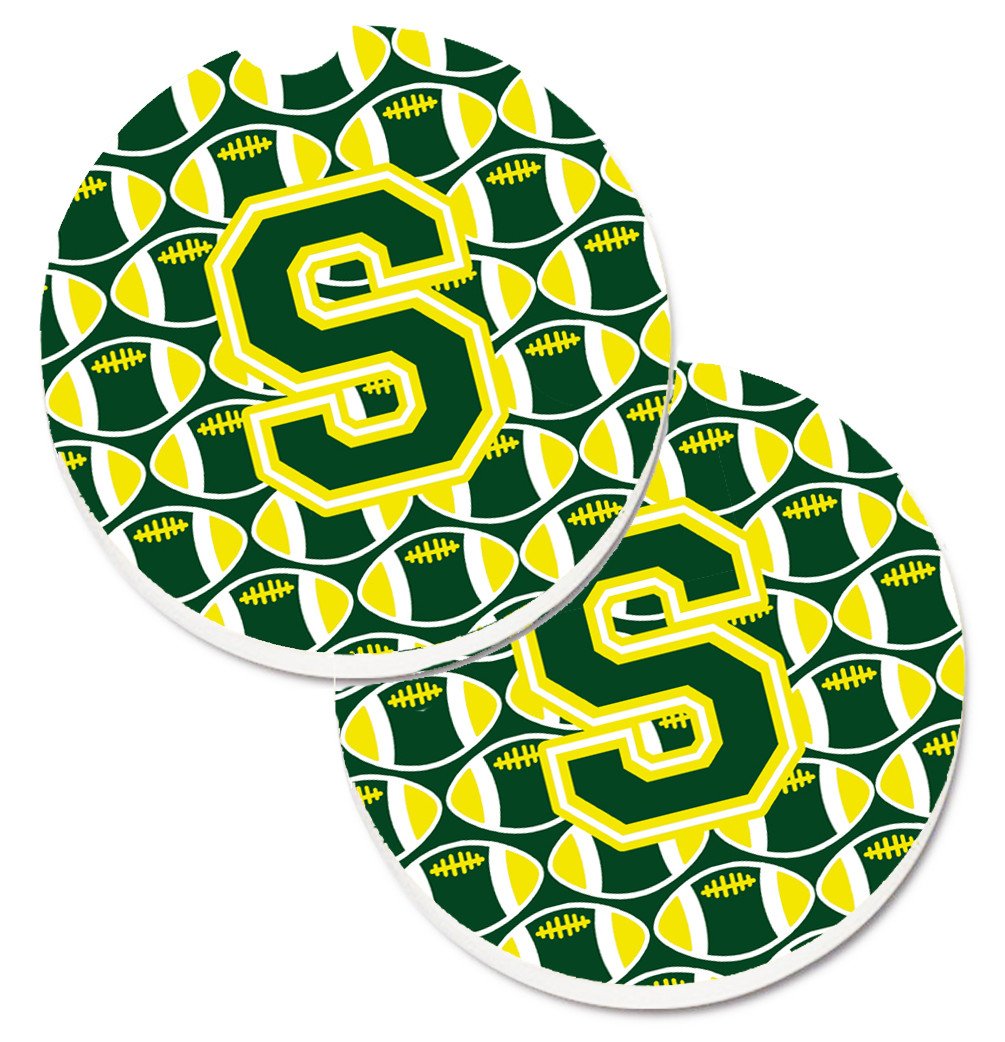Letter S Football Green and Yellow Set of 2 Cup Holder Car Coasters CJ1075-SCARC by Caroline's Treasures