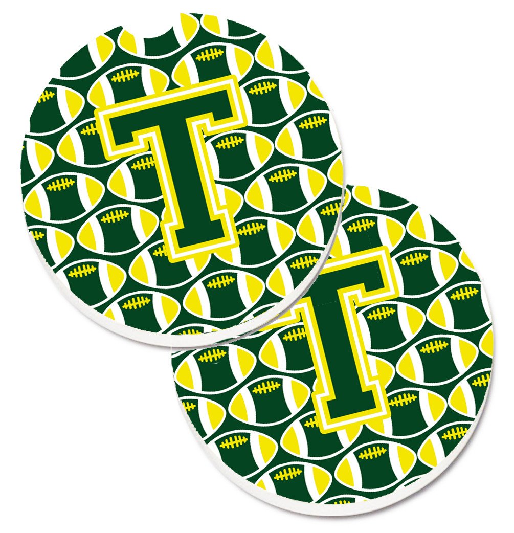 Letter T Football Green and Yellow Set of 2 Cup Holder Car Coasters CJ1075-TCARC by Caroline's Treasures