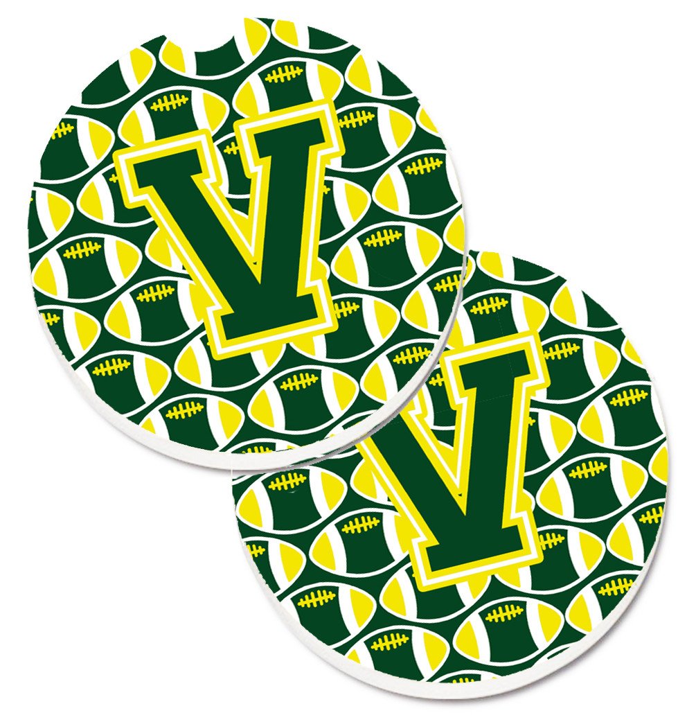 Letter V Football Green and Yellow Set of 2 Cup Holder Car Coasters CJ1075-VCARC by Caroline's Treasures