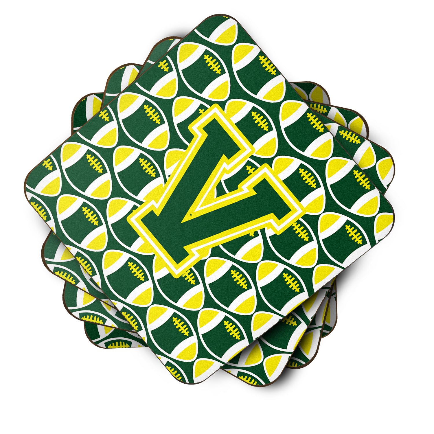 Letter V Football Green and Yellow Foam Coaster Set of 4 CJ1075-VFC - the-store.com