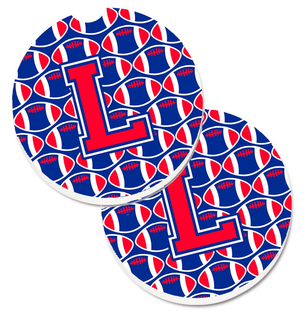 Letter L Football Harvard Crimson and Yale Blue Set of 2 Cup Holder Car Coasters CJ1076-LCARC by Caroline&#39;s Treasures