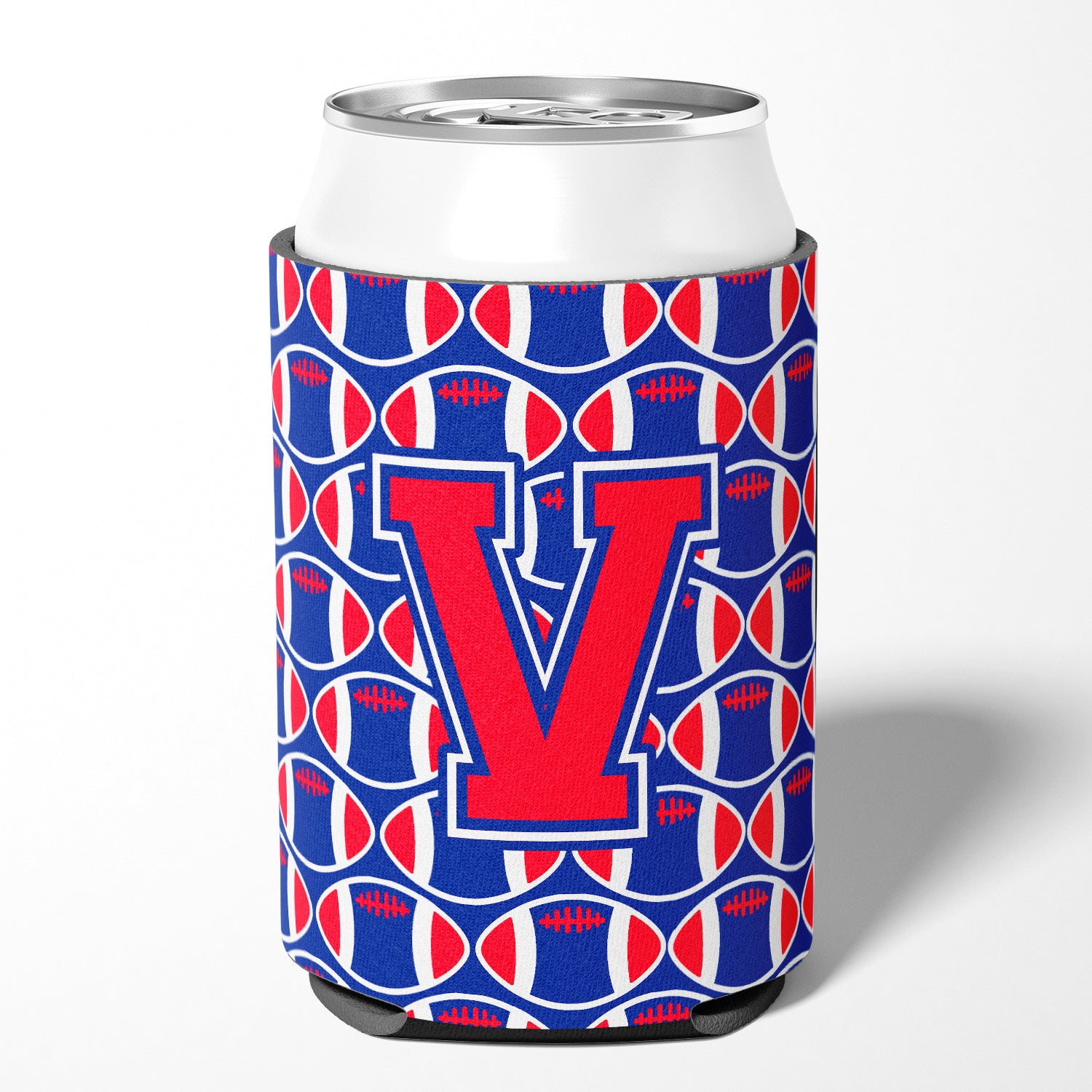 Letter V Football Harvard Crimson and Yale Blue Can or Bottle Hugger CJ1076-VCC.