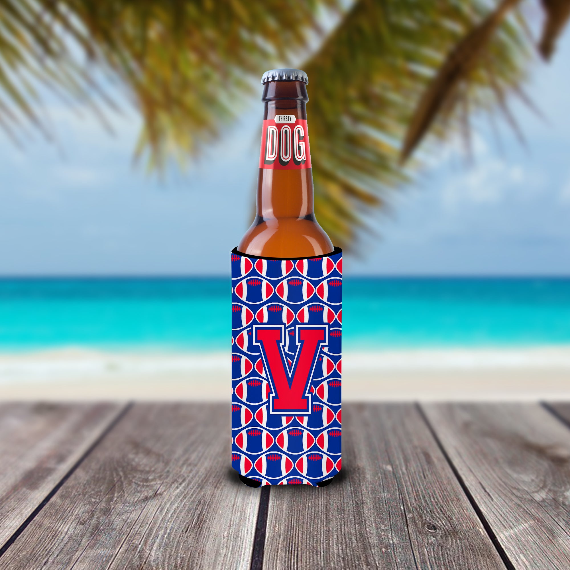 Letter V Football Crimson and Yale Blue Ultra Beverage Insulators for slim cans CJ1076-VMUK