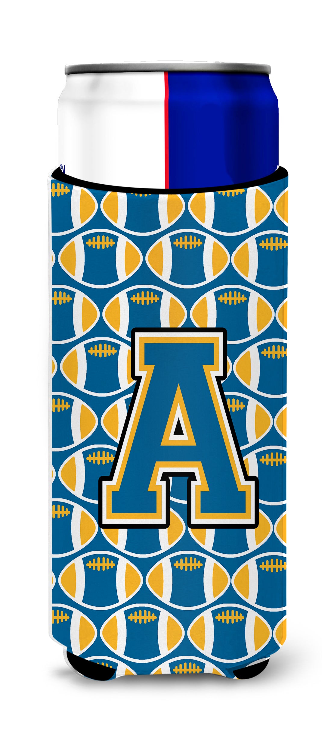 Letter A Football Blue and Gold Ultra Beverage Insulators for slim cans CJ1077-AMUK.