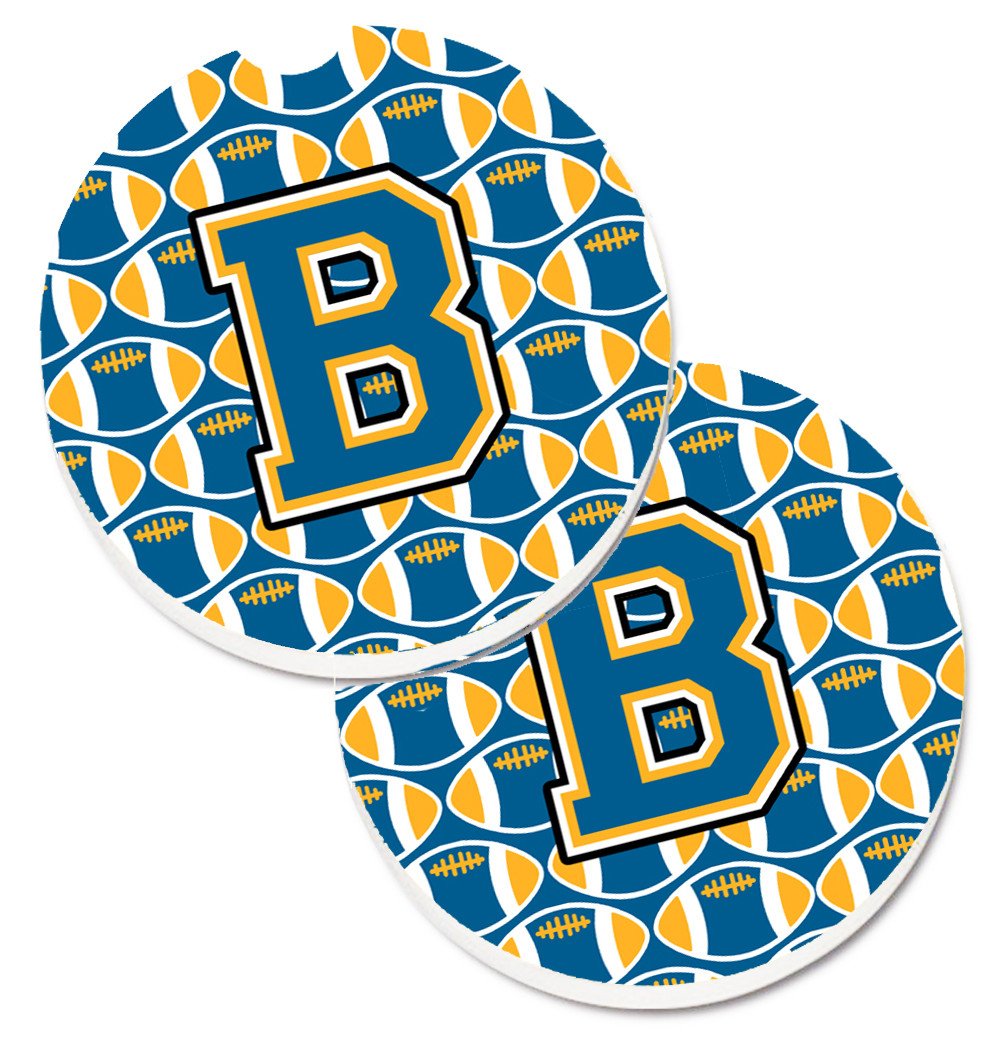 Letter B Football Blue and Gold Set of 2 Cup Holder Car Coasters CJ1077-BCARC by Caroline&#39;s Treasures