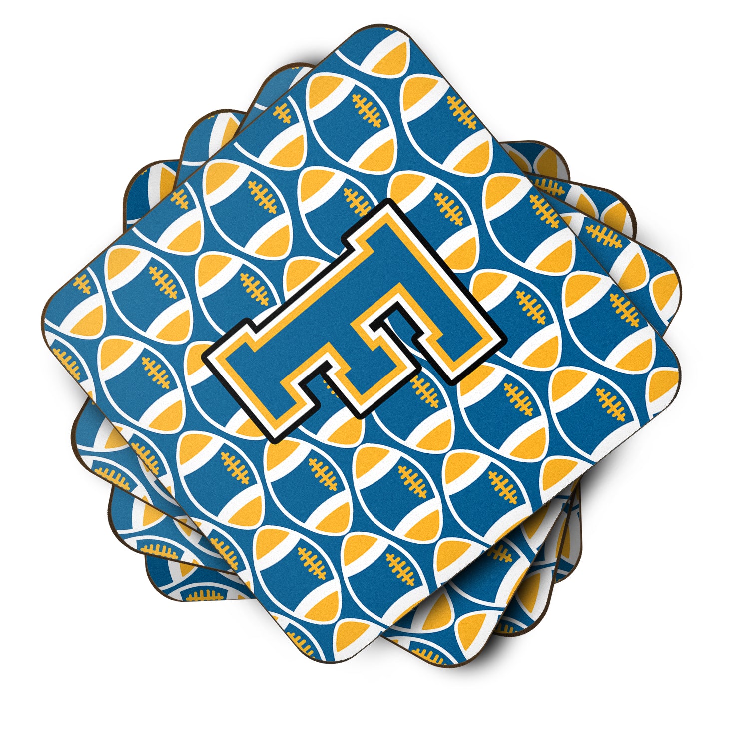 Letter F Football Blue and Gold Foam Coaster Set of 4 CJ1077-FFC - the-store.com