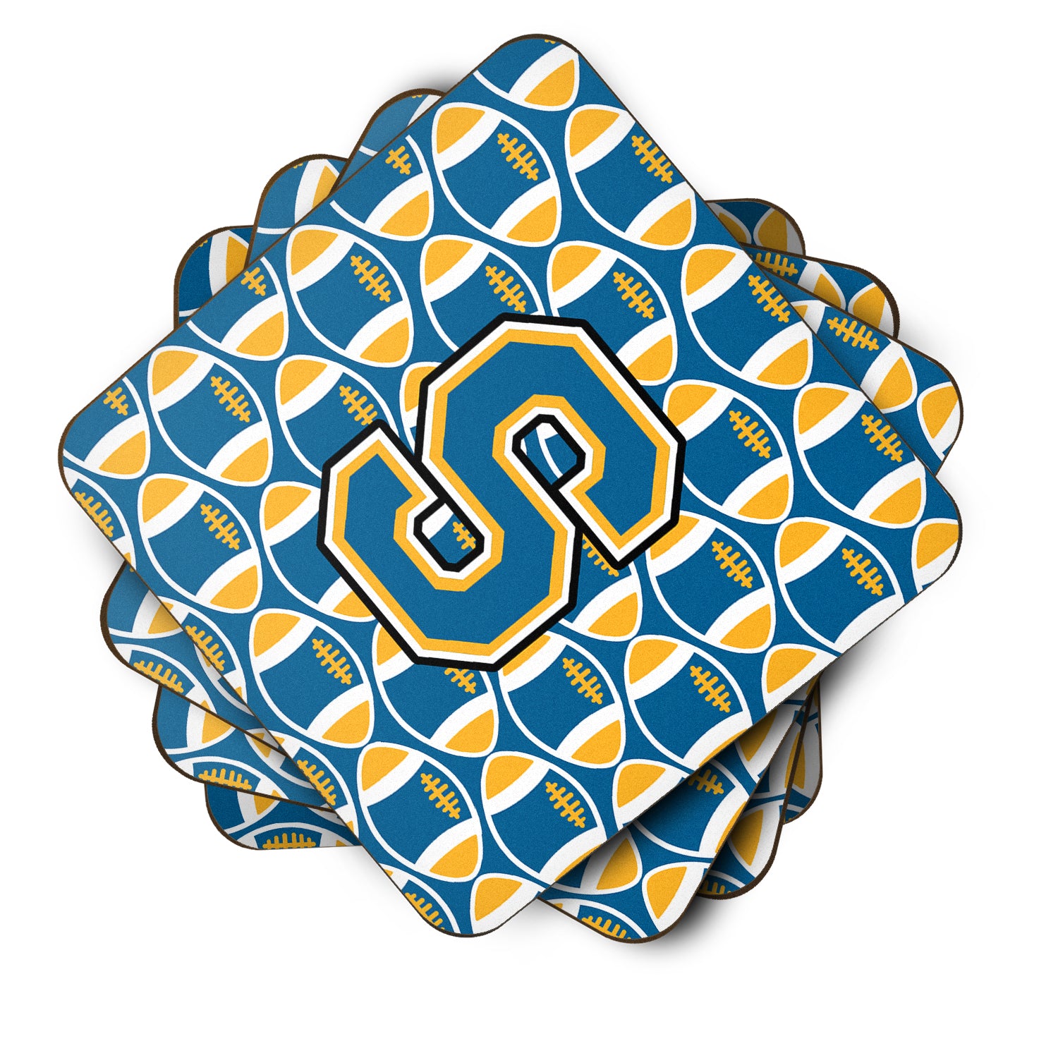 Letter S Football Blue and Gold Foam Coaster Set of 4 CJ1077-SFC - the-store.com